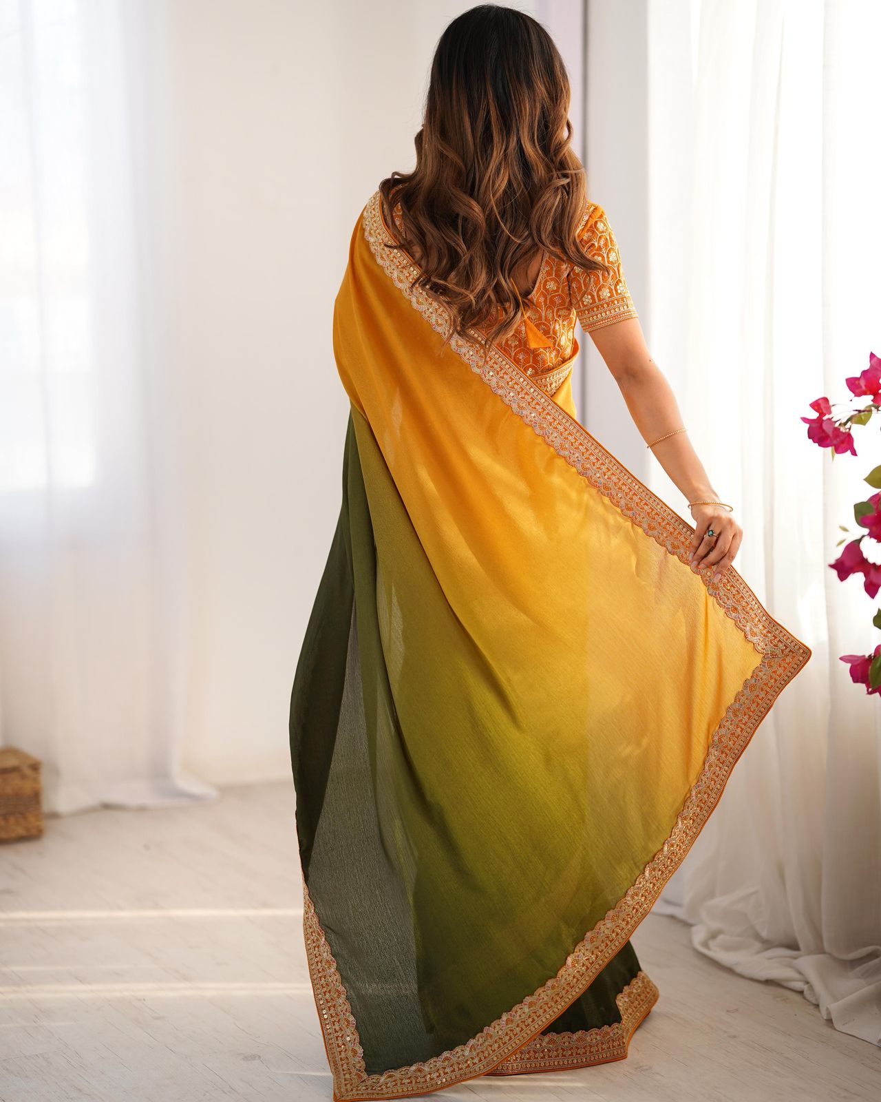 Shanvika yellow green pure Chinon silk saree featuring intricate thread embroidery and sequin lace border, paired with unstitched Mono Benglori embroidered blouse fabric – ideal for weddings, festive occasions, and party wear